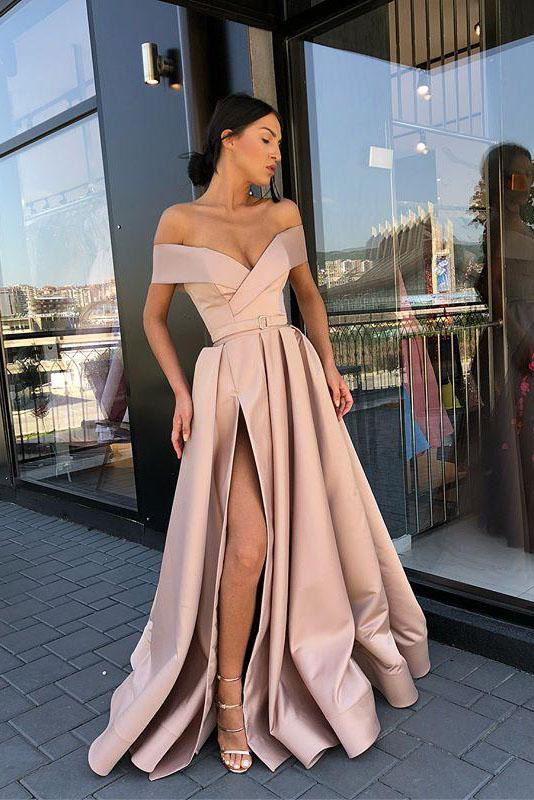 Elegant Off the Shoulder Party Gown Satin Sexy Prom Dress High Slit PDK4
