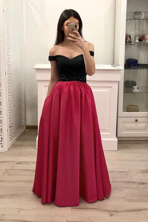 Hot Pink Satin Long Prom Gown With Pockets, Simple Beaded Evening Dresses With Black Top PDI14
