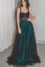A Line Long Dark Green Black Straps Prom Dresses, Cheap Evening Gown PDH71