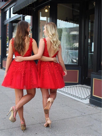 Red Lace Applique Beaded Homecoming Dresses V Neck Tulle Short Prom Dress PDO11
