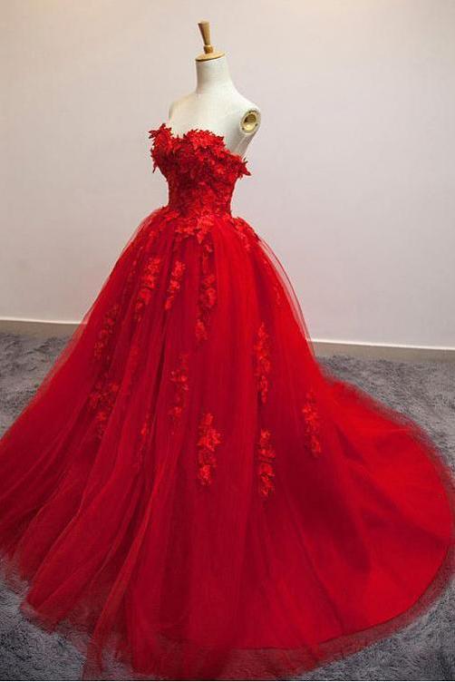 Charming Red Sweetheart Strapless Ball Gown Applique Tulle Long Prom Dress trendtydresses