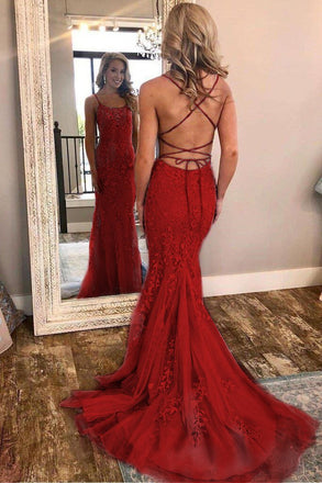 Burgundy Spaghetti Strap Mermaid Stunning Prom Dresses with Lace Appliques PDJ3
