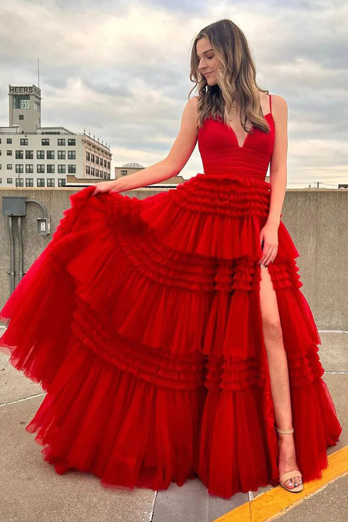 Princess A line Red Tulle Layers Spaghetti Straps V Neck Prom Dress, Evening Gowns OM0379