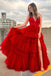 Princess A line Red Tulle Layers Spaghetti Straps V Neck Prom Dress, Evening Gowns OM0379