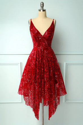 A Line Red Lace Spaghetti Straps V neck Asymmetrical Sequins Homecoming Dresses OMH0119