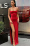 Sheath Spaghetti Straps Red Prom Dresses with Slit, Long Satin Evening Dresses OM0144