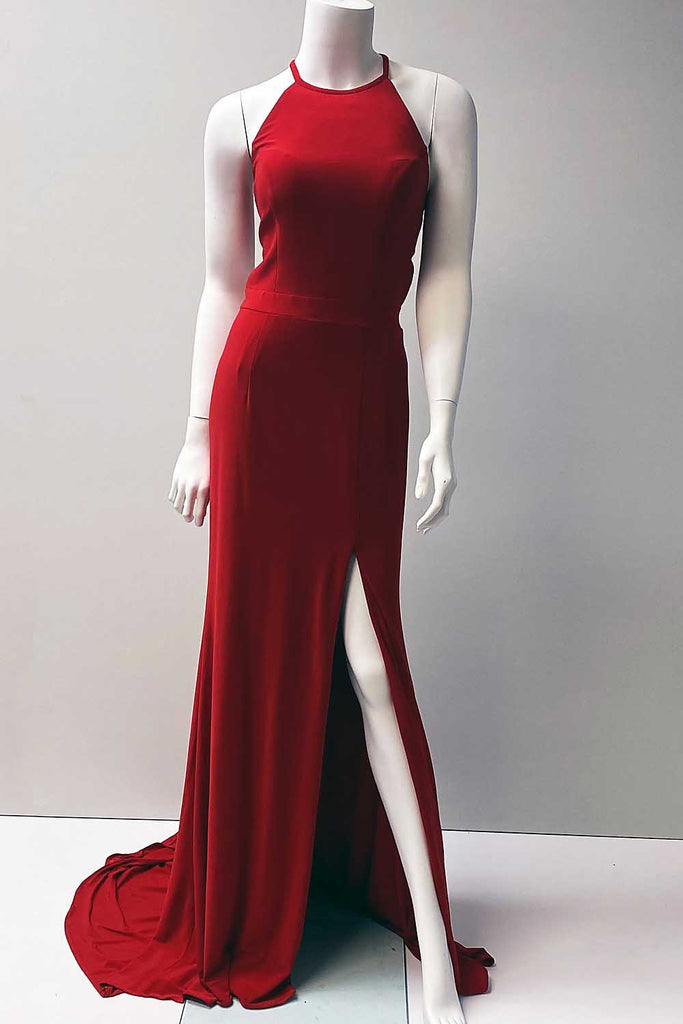 Simple A line Red Halter Long Prom Dresses with Slit, Cheap Evening Dresses OM0081