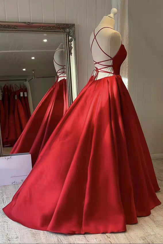 Red Spaghetti Straps Satin Long Prom Dresses, Puffy Simple Formal Evening Dresses OM0141