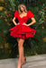 Lovely A Line Red V neck Short Sleeves Short Prom Dresses with Layers Homecoming Dress OMH0006