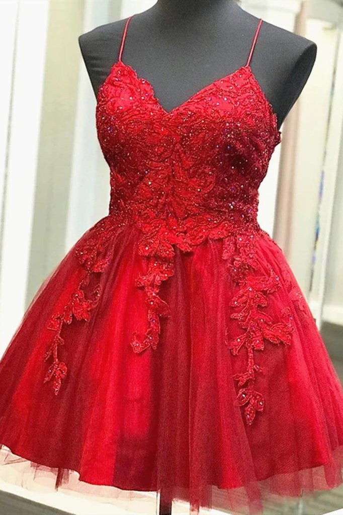 Red Spaghetti Straps Lace Appliques Short Formal Graduation Dresses, Homecoming Dress OMH0024