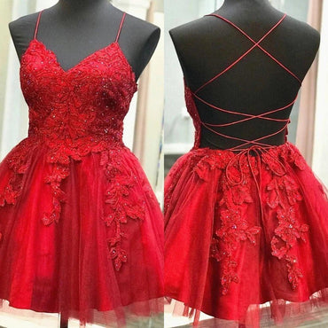 Red Spaghetti Straps Lace Appliques Short Formal Graduation Dresses, Homecoming Dress OMH0024