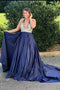 Halter Navy Blue Long Prom Dresses Beaded Backless Evening Dresses PDI25