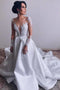 A Line Long Sleeve Satin Appliques Wedding Dresses,Cheap Long Bridal Dresses PDH77