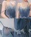 Gorgeous A line Blue Spaghetti Straps Tulle Tiered Prom Dress, Sparkly Evening Dress With Beads OM0301