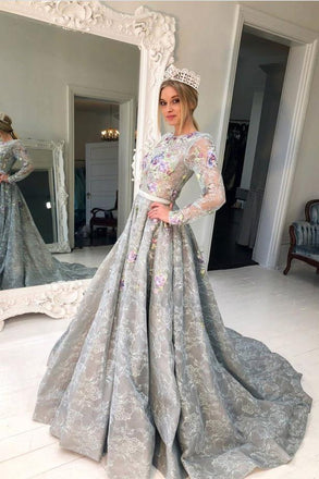 Long Sleeve Grey Lace A Line Long Evening Prom Dress for Teens PDG90