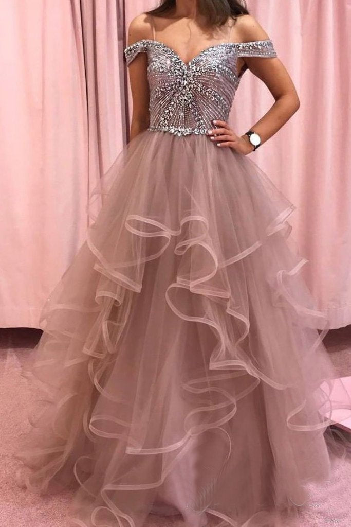 Rhinestones Layered Off the Shoulder Prom Dresses Rose Pink Tulle Party Dresses PDS12