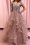 Rhinestones Layered Off the Shoulder Prom Dresses Rose Pink Tulle Party Dresses PDS12