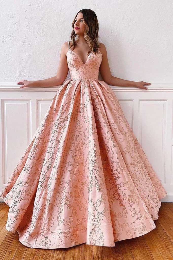 Chic Ball Gown Pink V neck Lace Prom Dresses, Spaghetti Straps Quinceanera Dresses OM0026