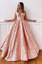 Chic Ball Gown Pink V neck Lace Prom Dresses, Spaghetti Straps Quinceanera Dresses OM0026
