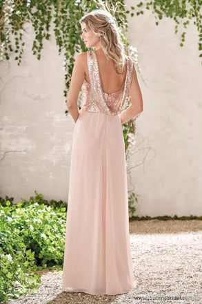 Rose Gold A Line Spaghetti Straps Prom Gown Backless Sequins Chiffon Bridesmaid Dress PDI10