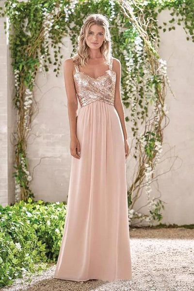 Rose Gold A Line Spaghetti Straps Prom Gown Backless Sequins Chiffon Bridesmaid  Dress  trendtydresses