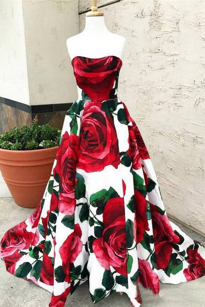 Rose Red Floral Long Prom Dresses with Pockets Strapless Evening Gown PDI64