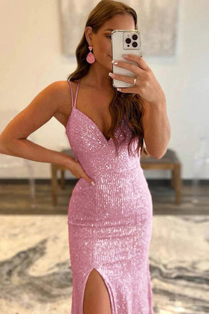 Glitter Mermaid Rose Gold V neck Sequins Prom Dress With Slit, Floor Length Party Dress OM0356