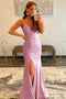 Glitter Mermaid Rose Gold V neck Sequins Prom Dress With Slit, Floor Length Party Dress OM0356