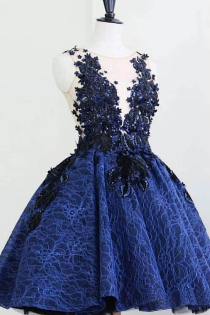 Royal Blue Lace Sheer Neck Short Prom Dresses, Charming Homecoming Dress PDO5
