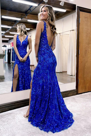 New Arrival Mermaid Royal Blue V Neck Sequins Prom Dresses With Backless, Evening Gowns OM0357