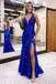 New Arrival Mermaid Royal Blue V Neck Sequins Prom Dresses With Backless, Evening Gowns OM0357