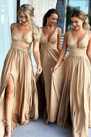 V Neck Split Cheap Long Sexy Bridesmaid Dresses Wedding Guest Dress PDI93
