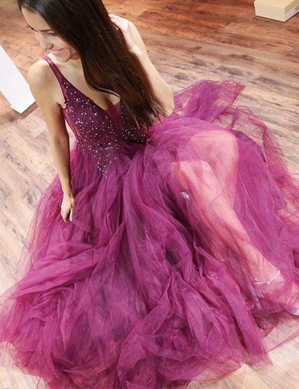 A Line Purple Tulle Beading Long Prom Dresses with Appliques PDH93