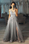 Grey A Line V Neck Long Appliques Tulle Prom Dress PDP66