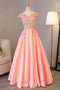 Blush Pink A Line Cap Sleeves Appliques Beaded Long Prom Dresses PDJ85