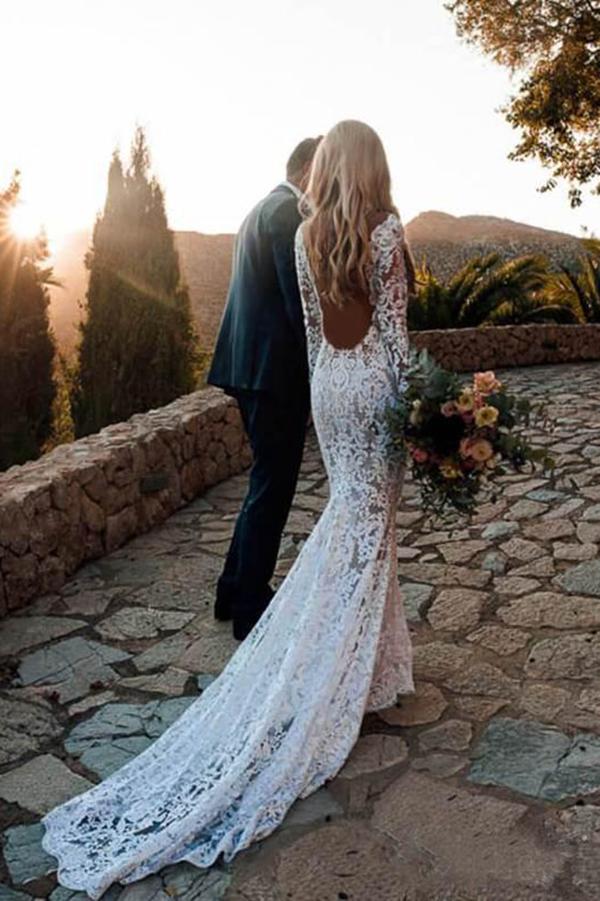 Long Sleeve Lace V Neck Backless Mermaid Boho Wedding Dresses,Beach Wedding  Gown – trendtydresses