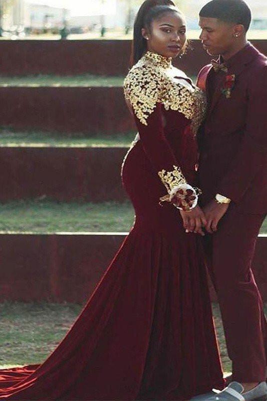 Trumpet/Mermaid High Neck Long Sleeves Applique Burgundy Plus Size Prom Dresses OKF40 – trendtydresses