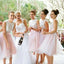 A-Line Light Pink Tulle Knee Length Bridesmaid Dress with Lace PDG64
