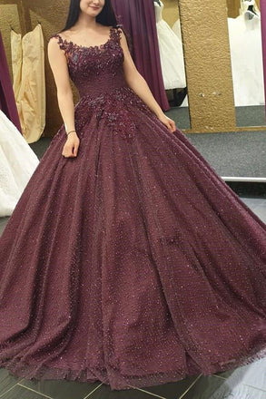 Burgundy Long Formal Ball Gown Prom Dresses With Lace Applique PDK52