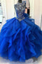 Royal Blue Organza High Neck Quinceanera Dresses Burgundy Beading Prom Dresses PDI22