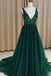 Sexy V-neck V-back Green Tulle Evening Dresses,Cheap Long A Line Prom Dresses PDI54