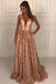 A-Line Deep V-Neck Floor-Length Lace Prom Dress with Beading PDK72