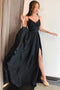 Stunning A-line Spaghetti Straps Long Black Prom Dress with Split PDJ63