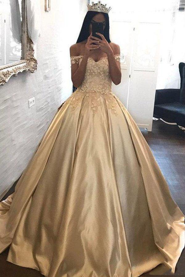 Off the Shoulder Appliques Ball Gown Cheap Prom Dresses PDH95