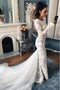 Mermaid Crew Long Sleeves Illusion Back Lace Wedding Dress PDL15