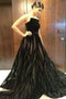 Unique A Line Black Strapless Long Prom Dresses With Beading PDF50