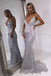 Sexy Sparkly Mermaid V Neck Spaghetti Straps Sequins Silver Backless Long Prom Dresses SK41