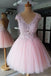 Pink V Neck Lace Appliques Homecoming Dress, A-Line Short Prom Dress PDO69