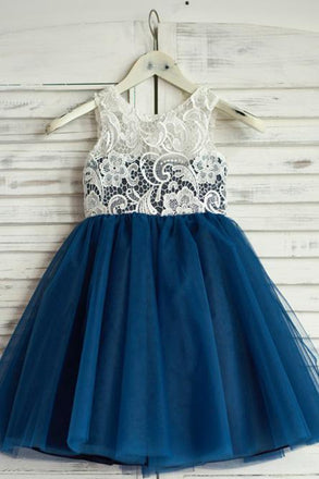 A-Line Round Neck Navy Blue Tulle Flower Girl Dress with Lace PDP18