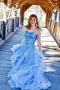 Charming Strapless Blue Ruffles Long Prom Dress with Appliques PDL9